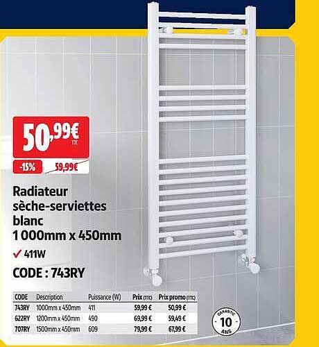 Radiateur sèche-serviettes blanc 1000mm x 450mm