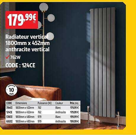Radiateur vertical 1800mm x 452mm anthracite vertical