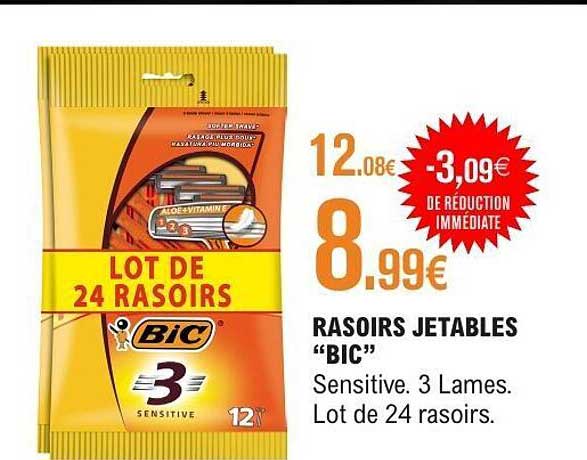 RASOIRS JETABLES “BIC” Sensitive. 3 Lames. Lot de 24 rasoirs.