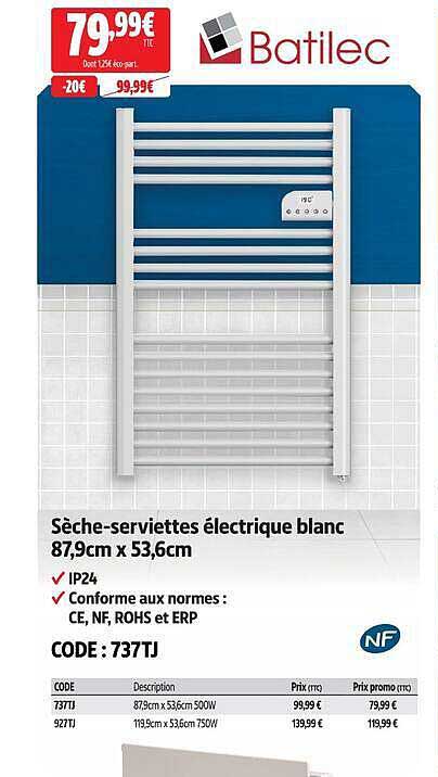 Sèche-serviettes électrique blanc 87,9cm x 53,6cm