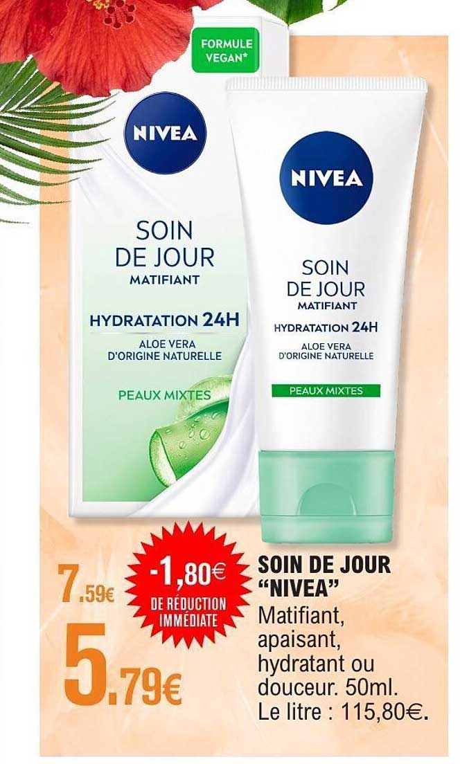 SOIN DE JOUR "NIVEA" Matifiant, apaisant, hydratant ou douceur. 50ml. Le litre : 115,80€.