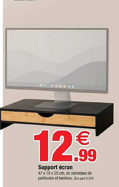 Support écran 47 x 10 x 25 cm, en panneaux de particules et bambou. Éco-part 0.37€