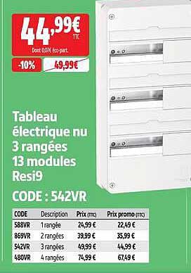 Tableau électrique nu 3 rangées 13 modules Resi9 CODE : 542VR