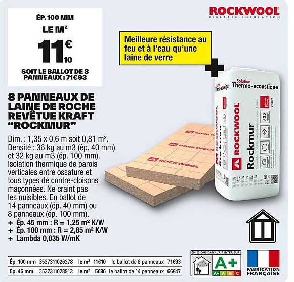 8 panneaux de laine de roche revêtue Kraft "Rockmur"