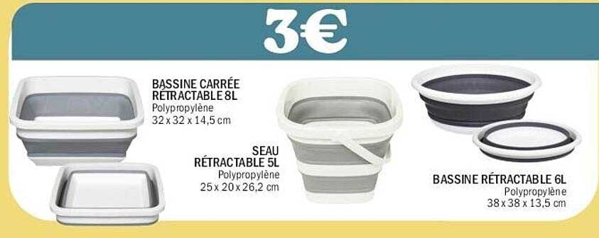 BASSINE CARRÉE RÉTRACTABLE 8L, SEAU RÉTRACTABLE 5L, BASSINE RÉTRACTABLE 6L