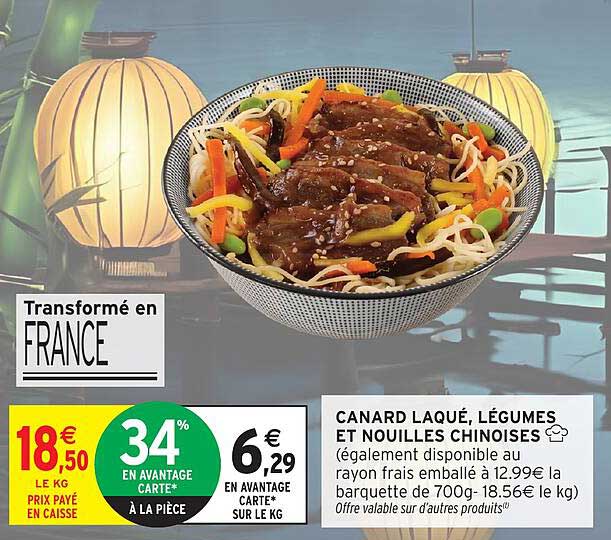 CANARD LAQUÉ, LÉGUMES ET NOUILLES CHINOISES