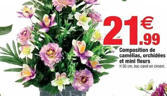 Composition de camélias, orchidées et mini fleurs