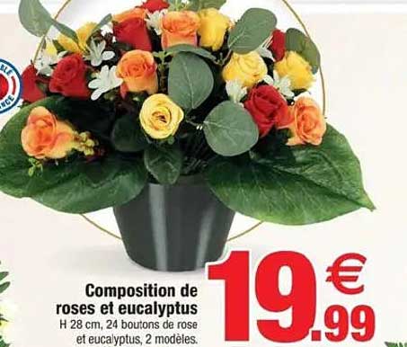 Composition de roses et eucalyptus