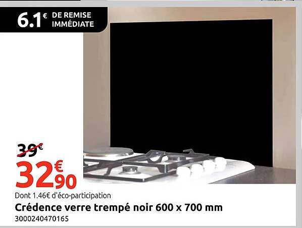 Crédence verre trempé noir 600 x 700 mm