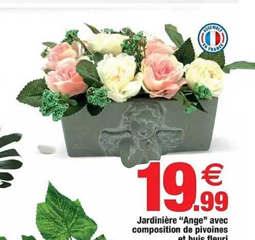 Jardinière “Ange” avec composition de pivoines et bois fleuri
