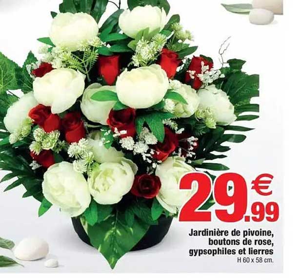 Jardinière de pivoine, boutons de rose, gypsophiles et lierres