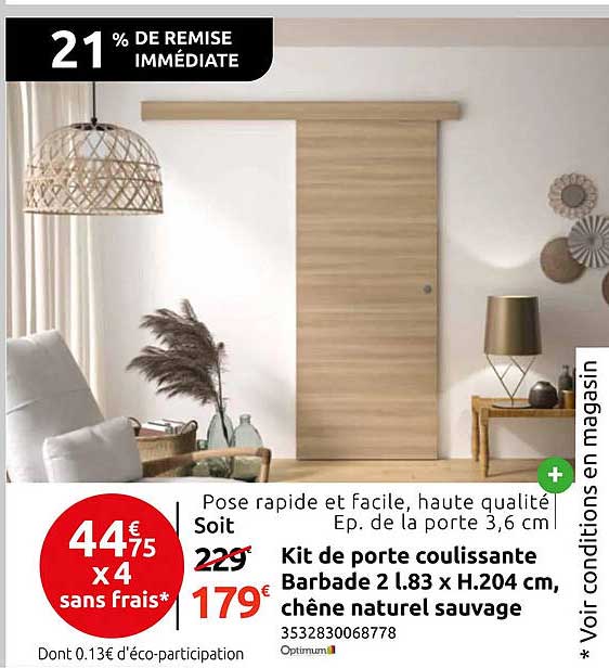 Kit de porte coulissante Barbade 2 1.83 x H.204 cm, chêne naturel sauvage