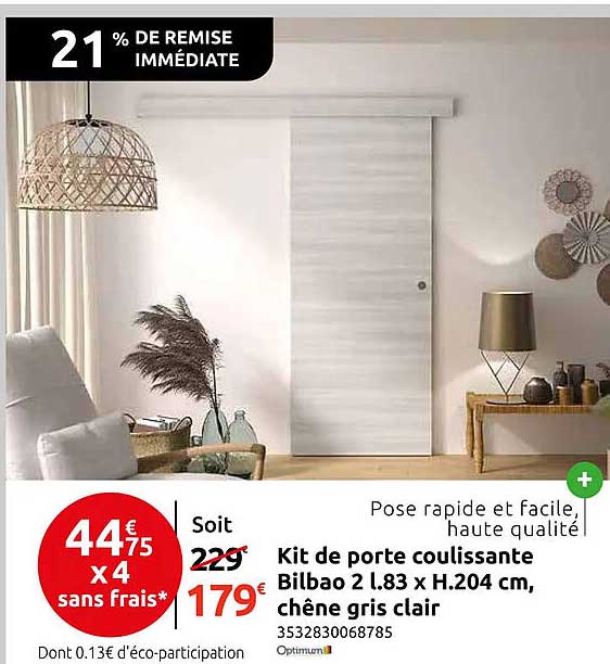 Kit de porte coulissante Bilbao 2 l.83 x H.204 cm, chêne gris clair