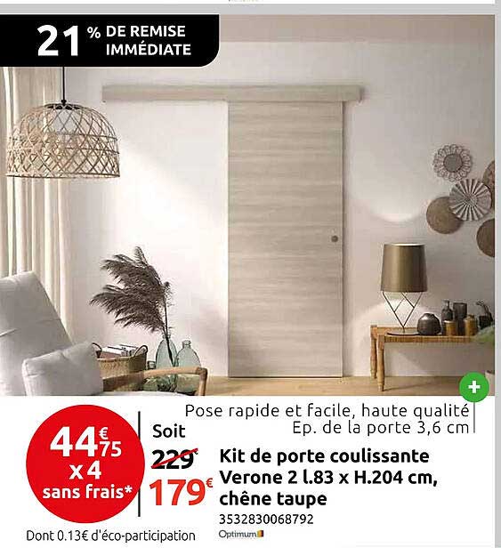 Kit de porte coulissante Verone 2 l.83 x H.204 cm, chêne taupe