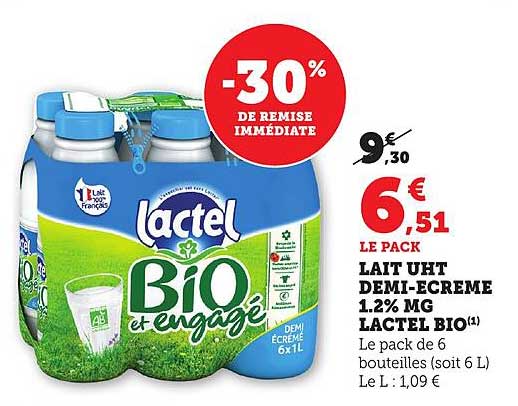 Lait UHT Demi-Ecrémé 1.2% MG Lactel Bio – Pack de 6