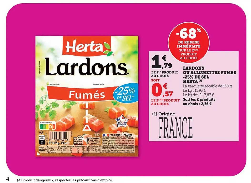 LARDONS OU ALLUMETTES FUMES -25% DE SEL HERTA