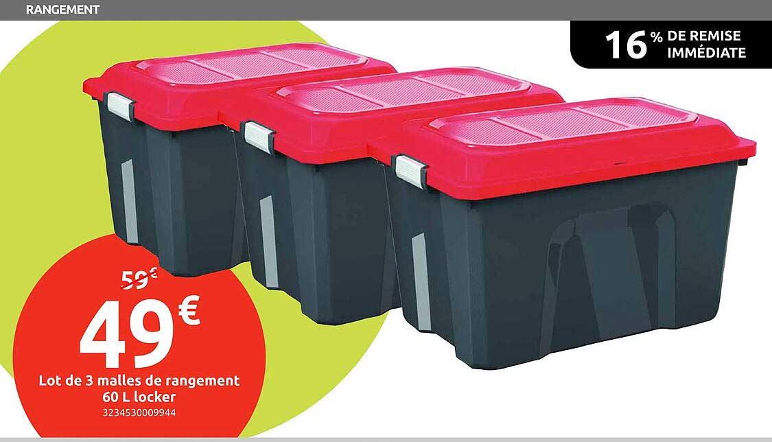 Lot de 3 malles de rangement 60 L Locker