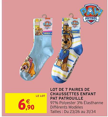 LOT DE 7 PAIRS DE CHAUSSETTES ENFANT PAT PATROUILLE