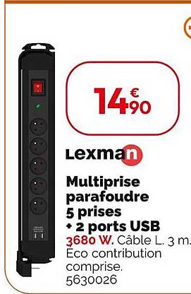 Multiprise parafoudre 5 prises + 2 ports USB