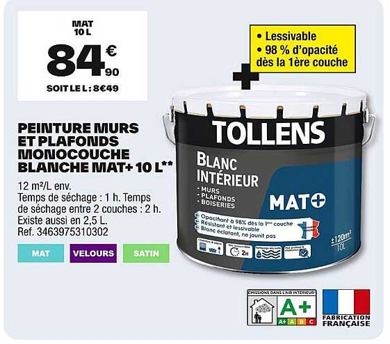 PEINTURE MURS ET PLAFONDS MONOCOUCHE BLANCHE MAT+ 10 L