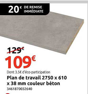 Plan de travail 2750 x 610 x 38 mm couleur béton