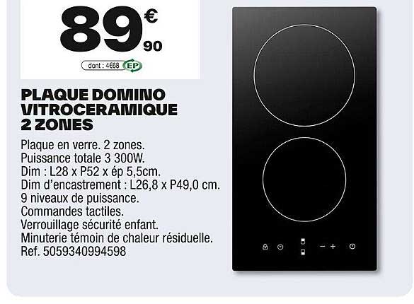 PLAQUE DOMINO VITROCERAMIQUE 2 ZONES