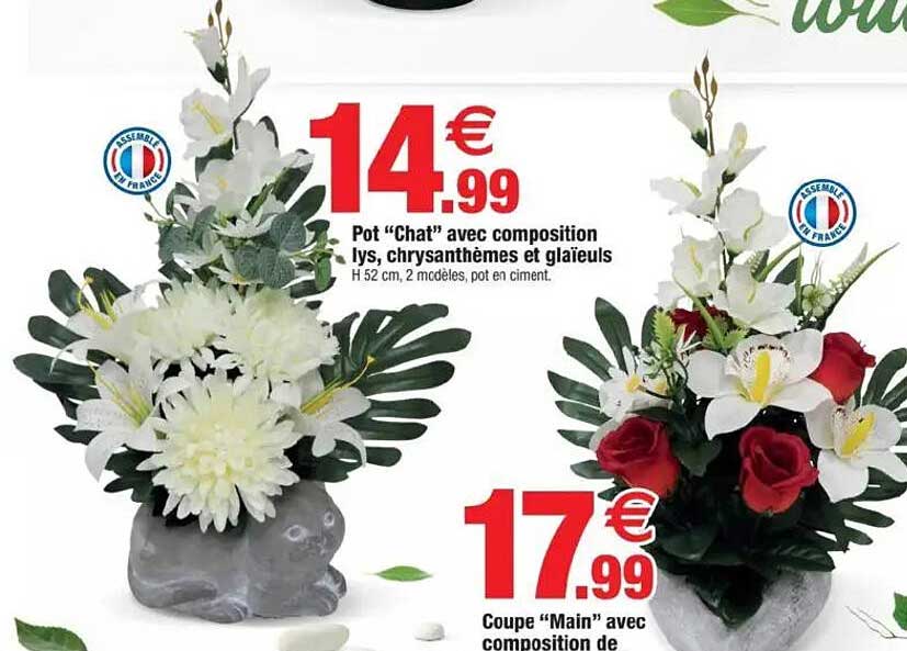 Pot “Chat” avec composition lys, chrysanthèmes et glaïeuls
