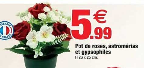 Pot de roses, astromérias et gypsophiles