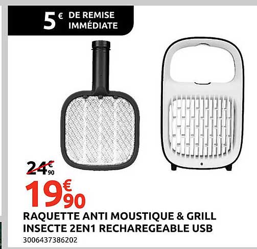 RAQUETTE ANTI MOUSIQUE & GRILL INSECTE 2EN1 RECHARGEABLE USB