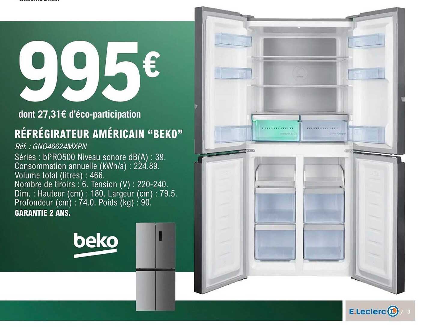 RÉFRIGÉRATEUR AMÉRICAIN "BEKO"