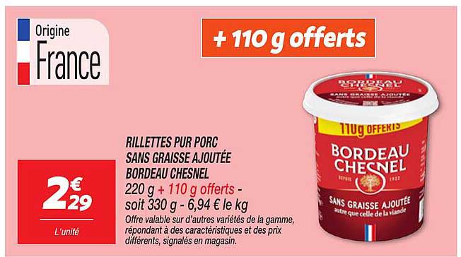 RILLETTES PUR PORC SANS GRAISSE AJOUTÉE BORDEAU CHESNEL