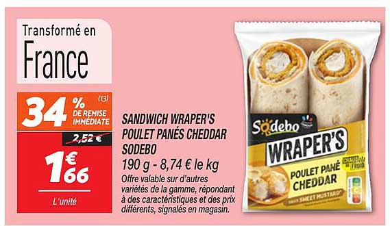 SANDWICH WRAPER'S POULET PANÉS CHEDDAR SODEBO