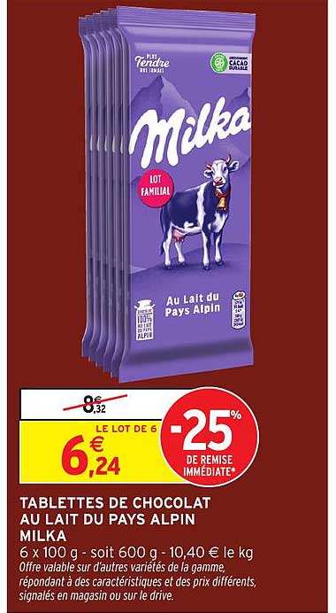 TABLETTES DE CHOCOLAT AU LAIT DU PAYS ALPIN MILKA
