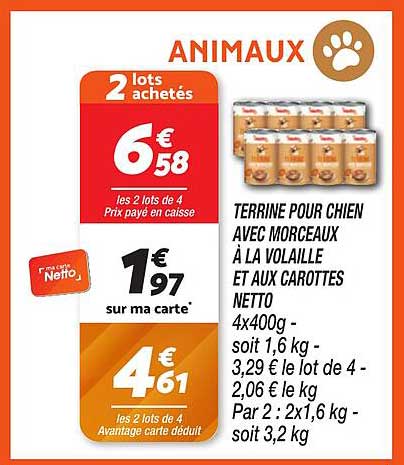 Terrine pour chien avec morceaux à la volaille et aux carottes Netto