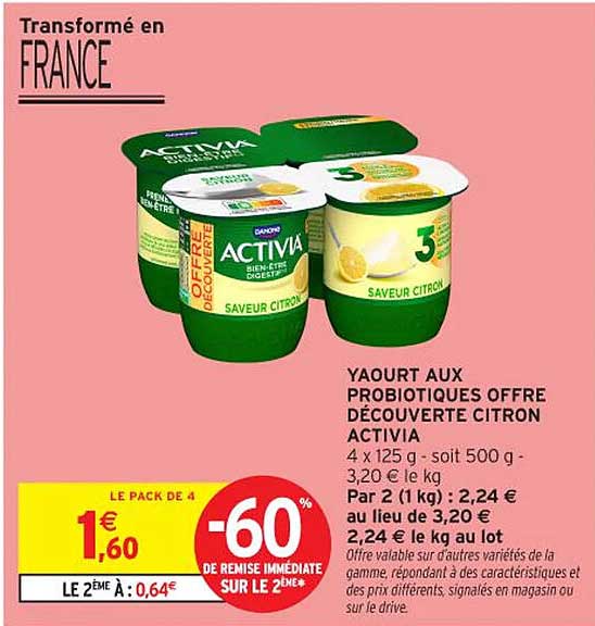 YAOURT AUX PROBIOTIQUES OFFRE DÉCOUVERTE CITRON ACTIVIA