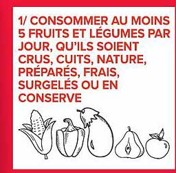 1/ CONSOMMER AU MOINS 5 FRUITS ET LÉGUMES PAR JOUR, QU’ILS SOIENT CRUS, CUITS, NATURE, PRÉPARÉS, FRAIS, SURGELÉS OU EN CONSERVER
