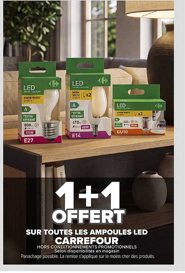 1+1 OFFERT SUR TOUTES LES AMPOULES LED CARREFOUR