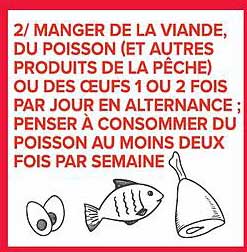 2/ MANGER DE LA VIANDE, DU POISSON ET DES AUTRES PRODUITS DE LA PÊCHE OU DES OEUFS 1 OU 2 FOIS PAR JOUR EN ALTERNANCE ; PENSER À CONSOMMER DU POISSON AU MOINS DEUX FOIS PAR SEMAINE