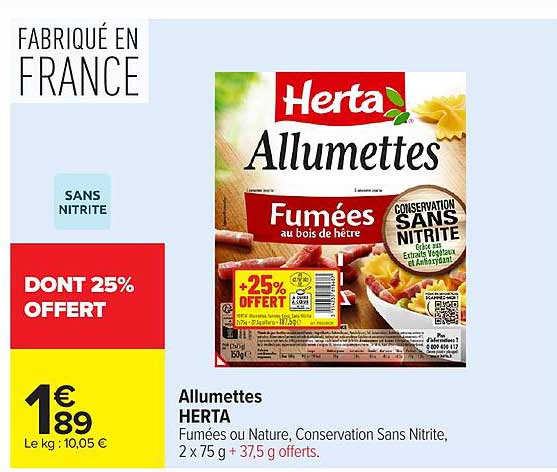 Allumettes HERTA Fumées ou Nature, Conservation Sans Nitrite, 2 x 75 g + 37,5 g offerts.