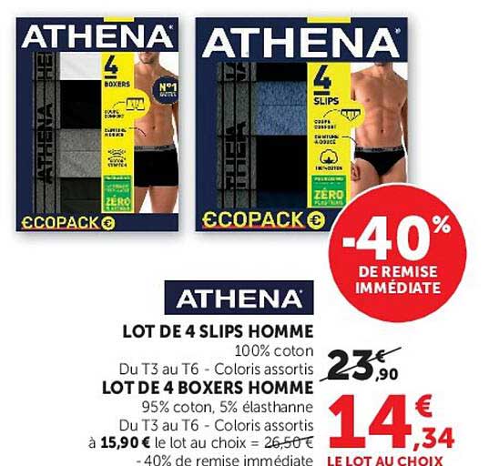 ATHENA LOT DE 4 SLIPS HOMME LOT DE 4 BOXERS HOMME
