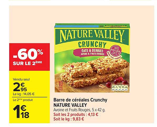 Barre de céréales Crunchy NATURE VALLEY Avoine et Fruits Rouges, 5 x 42 g.