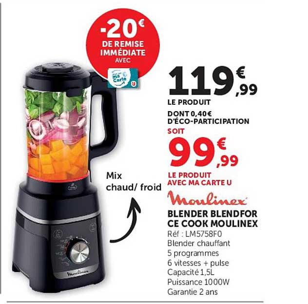 Blender chauffant 5 programmes 6 vitesses + pulse Moulinex
