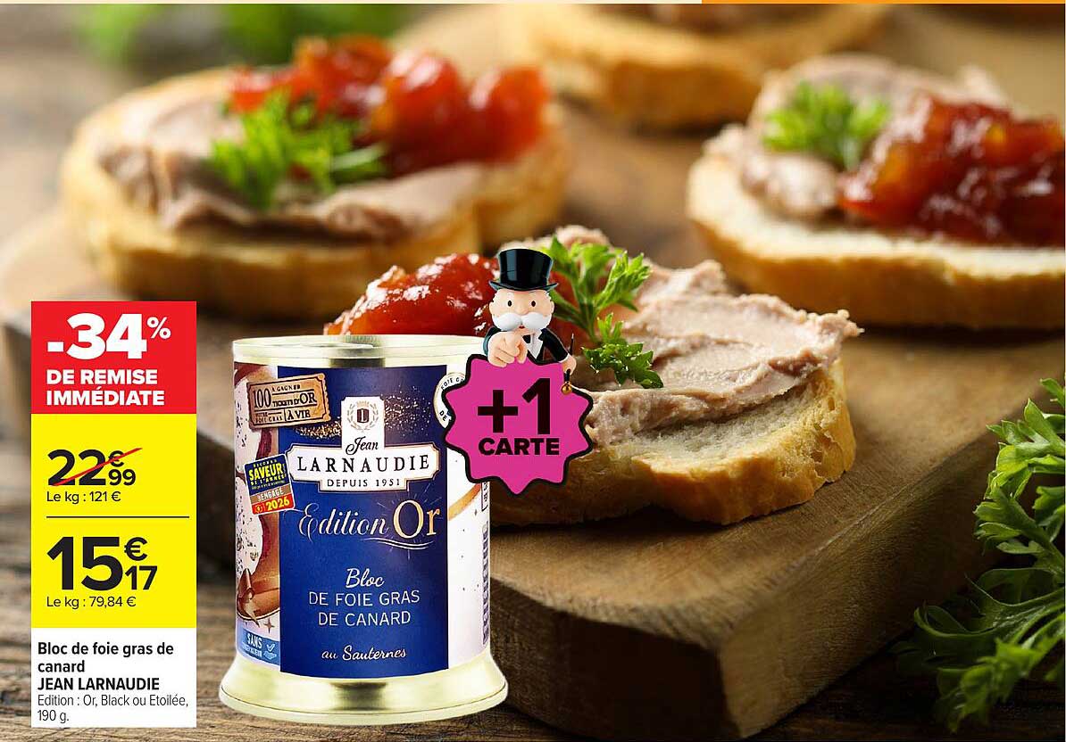 Bloc de foie gras de canard JEAN LARNAUDIE Edition : Or, Black ou Etoilée, 190 g.