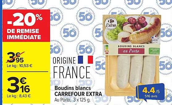 Boudins blancs CARREFOUR EXTRA Au Porto, 3 x 125 g