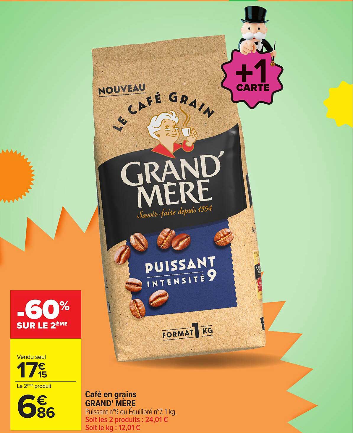 Café en grains GRAND' MÈRE Puissant n°9 ou Équilibré n°7, 1,1 kg.