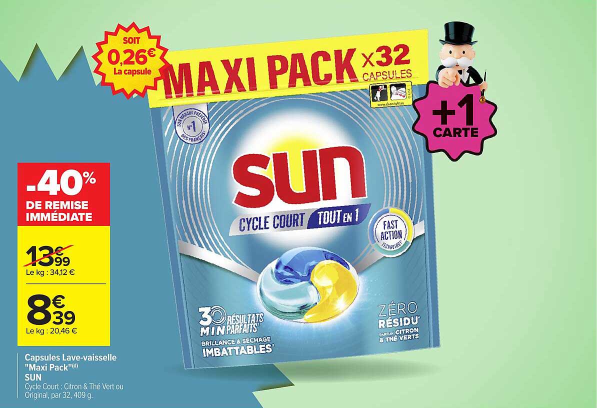 Capsules Lave-vaisselle "Maxi Pack" SUN Cycle Court : Citron & Thé Vert ou Original, par 32, 409 g.