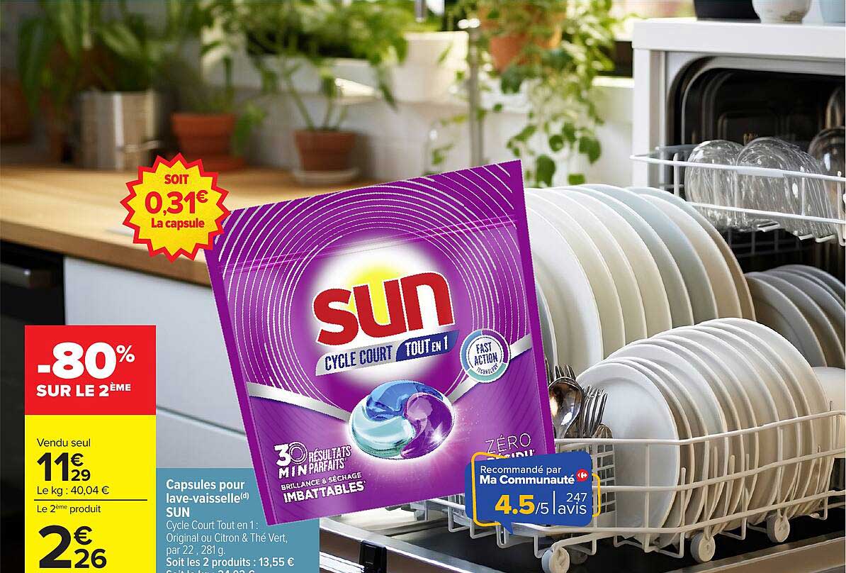 Capsules pour lave-vaisselle SUN Cycle Court Tout en 1 : Original ou Citron & Thé Vert, par 22