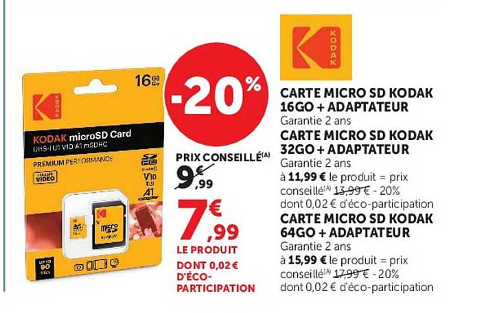 CARTE MICRO SD KODAK 16GO + ADAPTATEUR