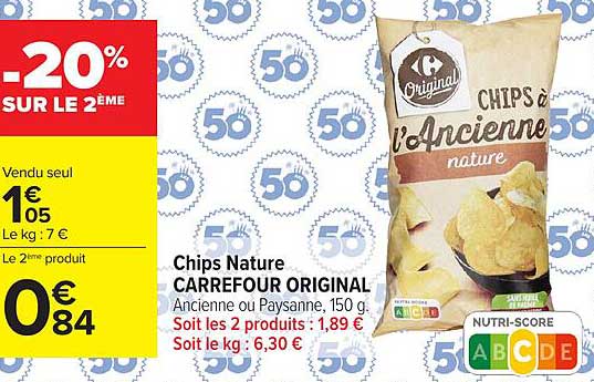 Chips Nature CARREFOUR ORIGINAL Ancienne ou Paysanne, 150 g