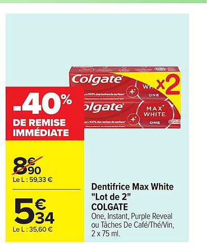 Dentifrice Max White "Lot de 2" COLGATE One, Instant, Purple Reveal ou Tâches De Café/Thé/Vin, 2 x 75 ml.